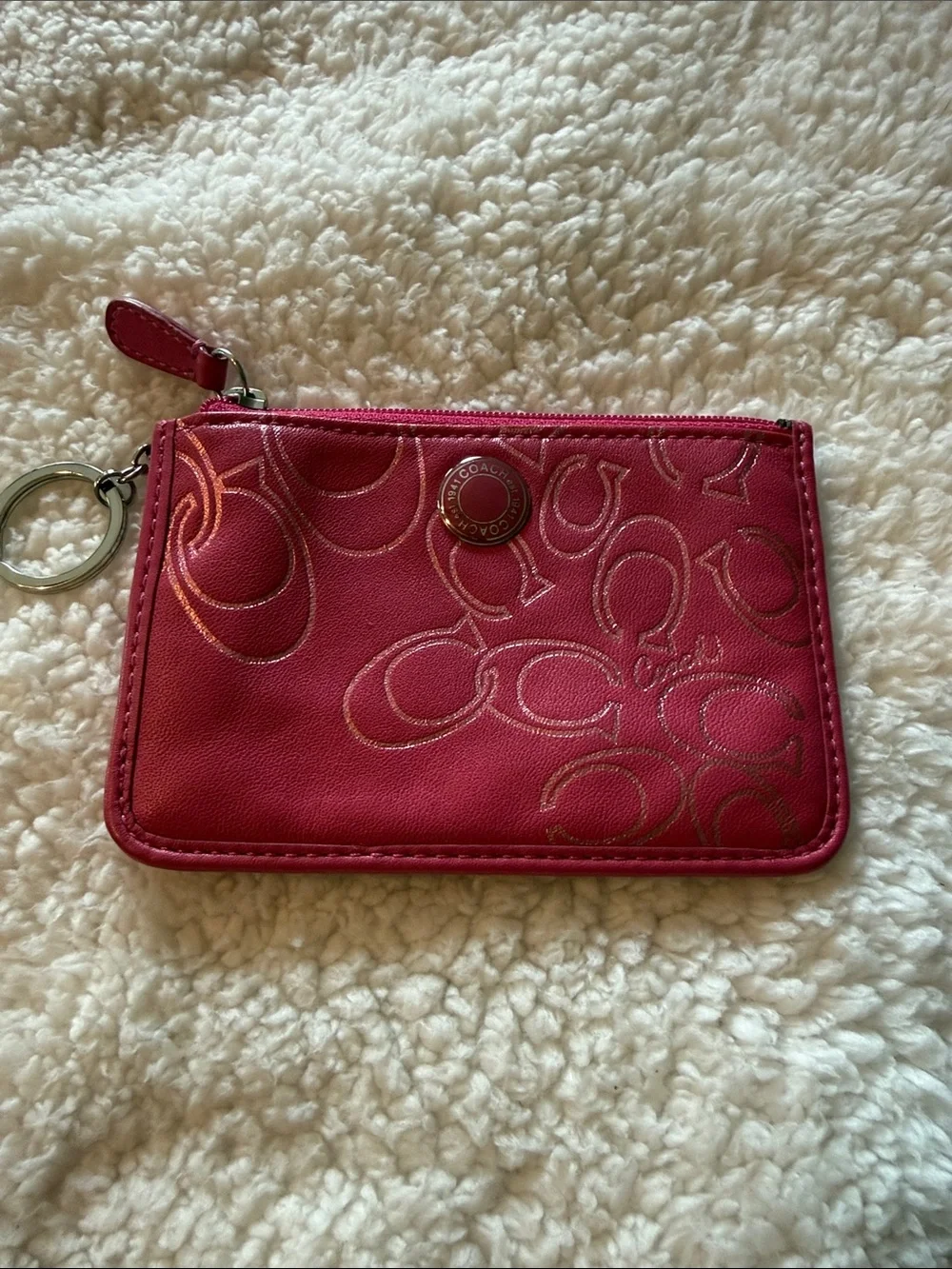 Coach Hot Pink Signature Zip Card Case with Key Ring